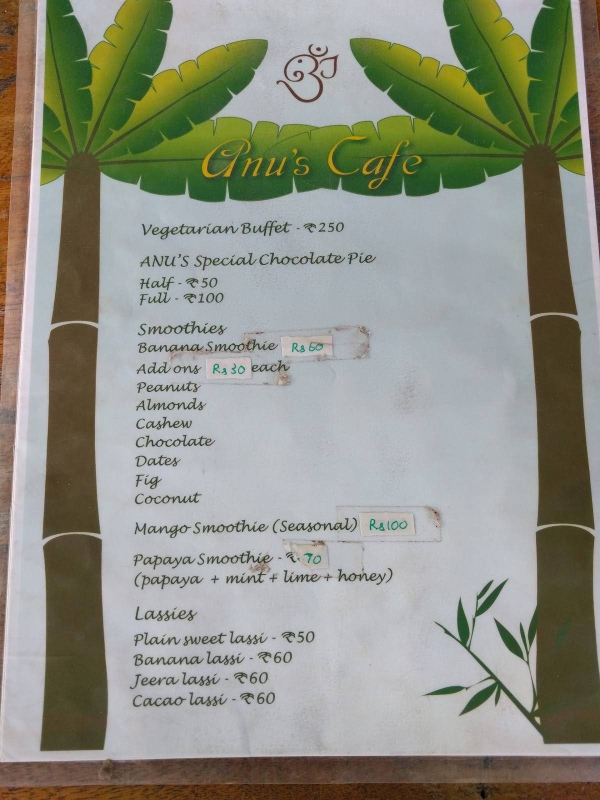 Anu's Cafe menu
