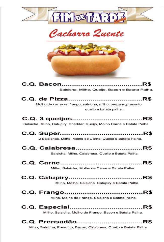 Fim de Tarde Lanches cardápio