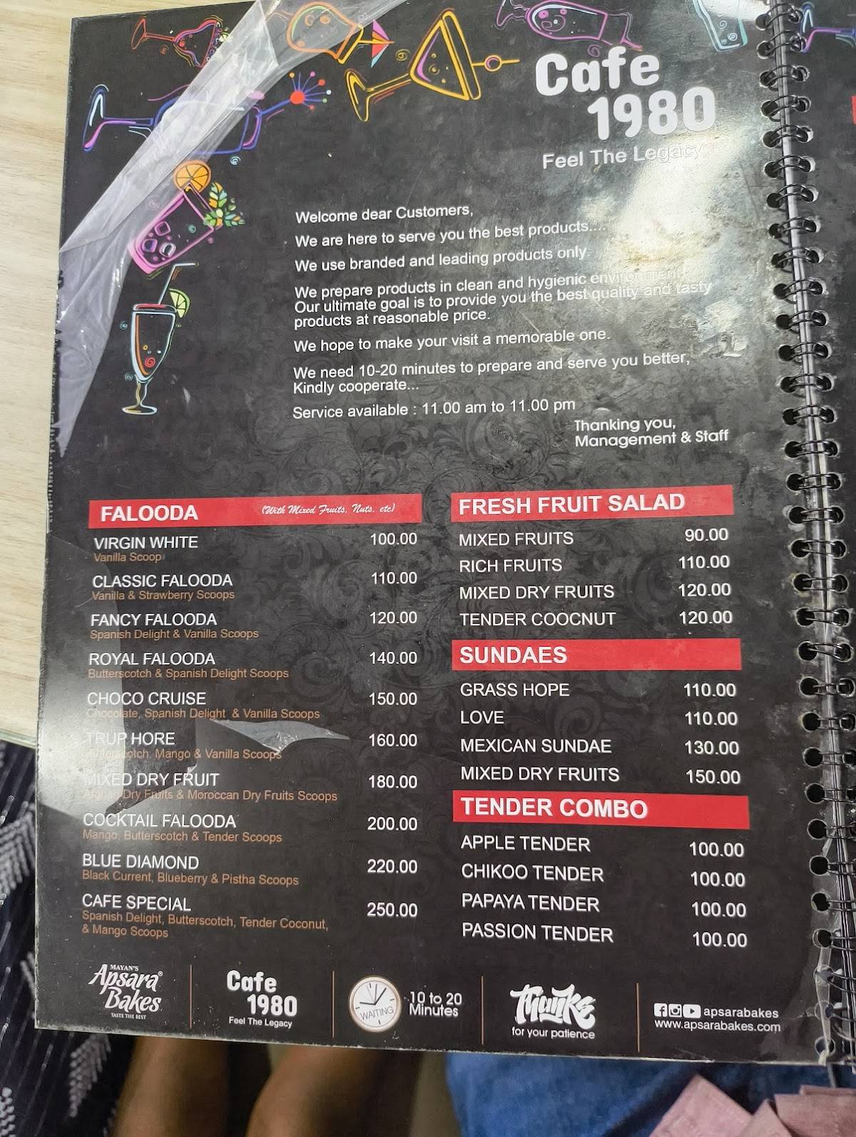 Apsara Bakes and cafe 1980 menu