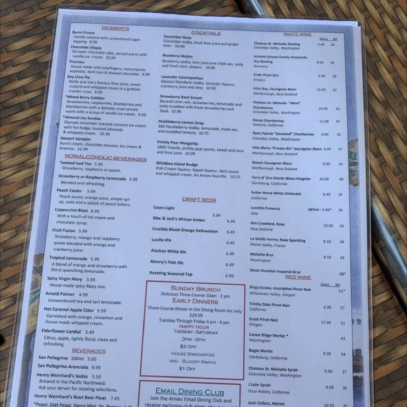 Menu at Arnies Restaurant Edmonds, Edmonds