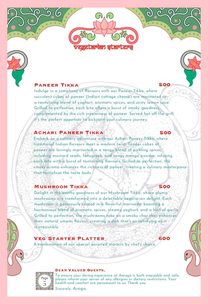 Arogo Restaurant menu