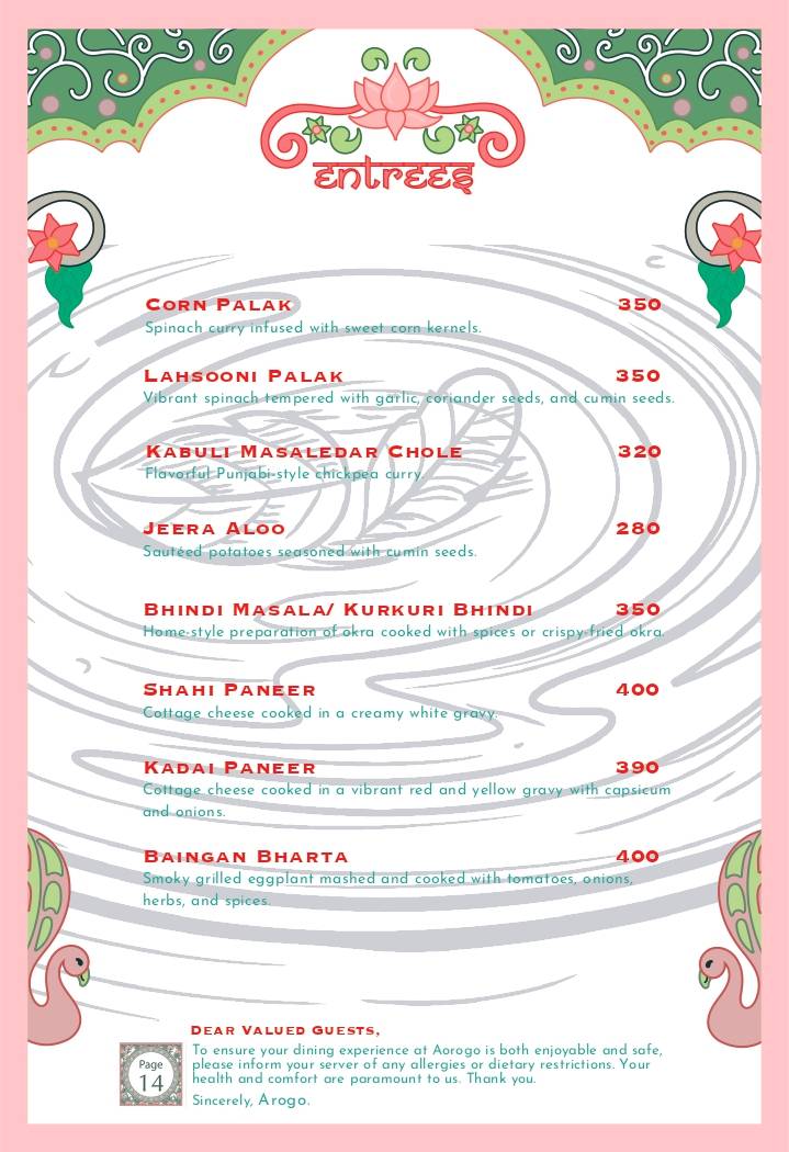 Arogo Restaurant menu