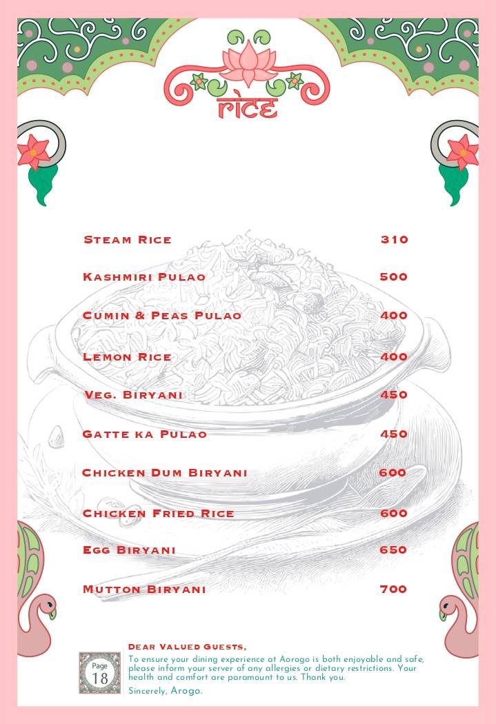 Arogo Restaurant menu