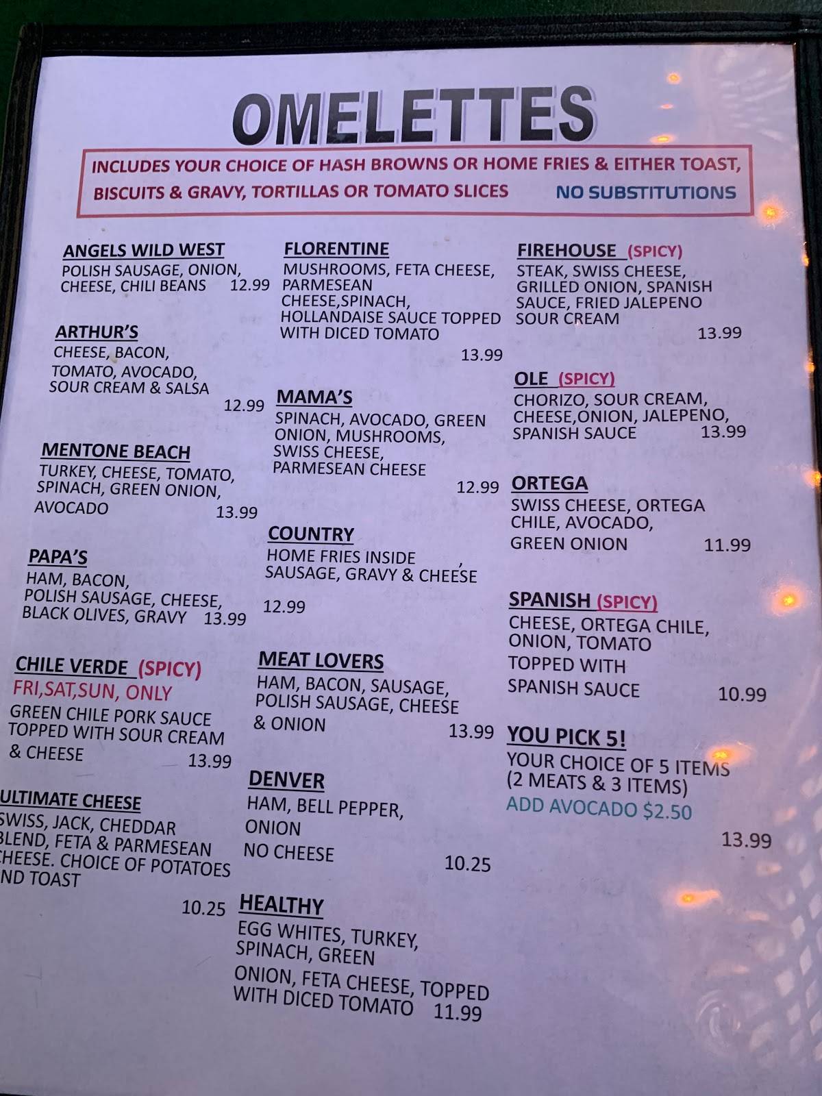 Menu at Arthur's Restaurant, Mentone