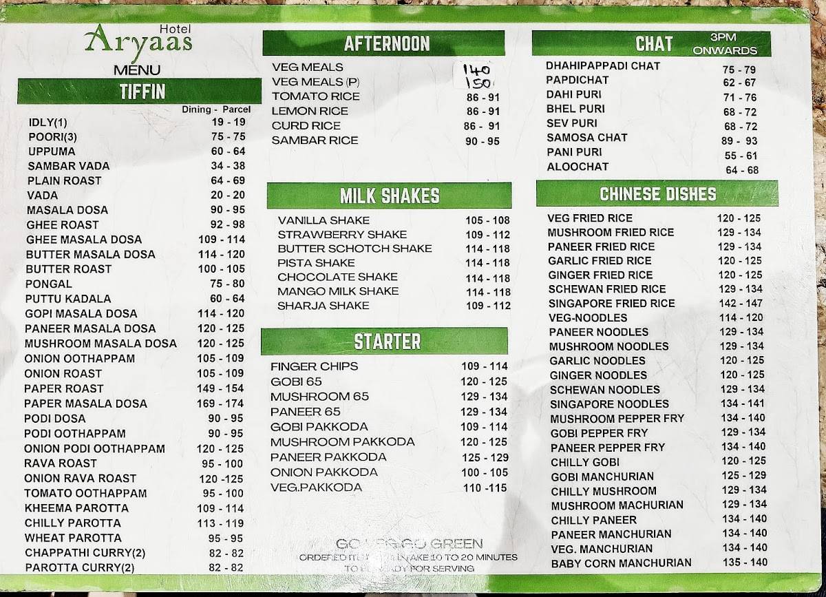 Aryaas Vegetarian menu