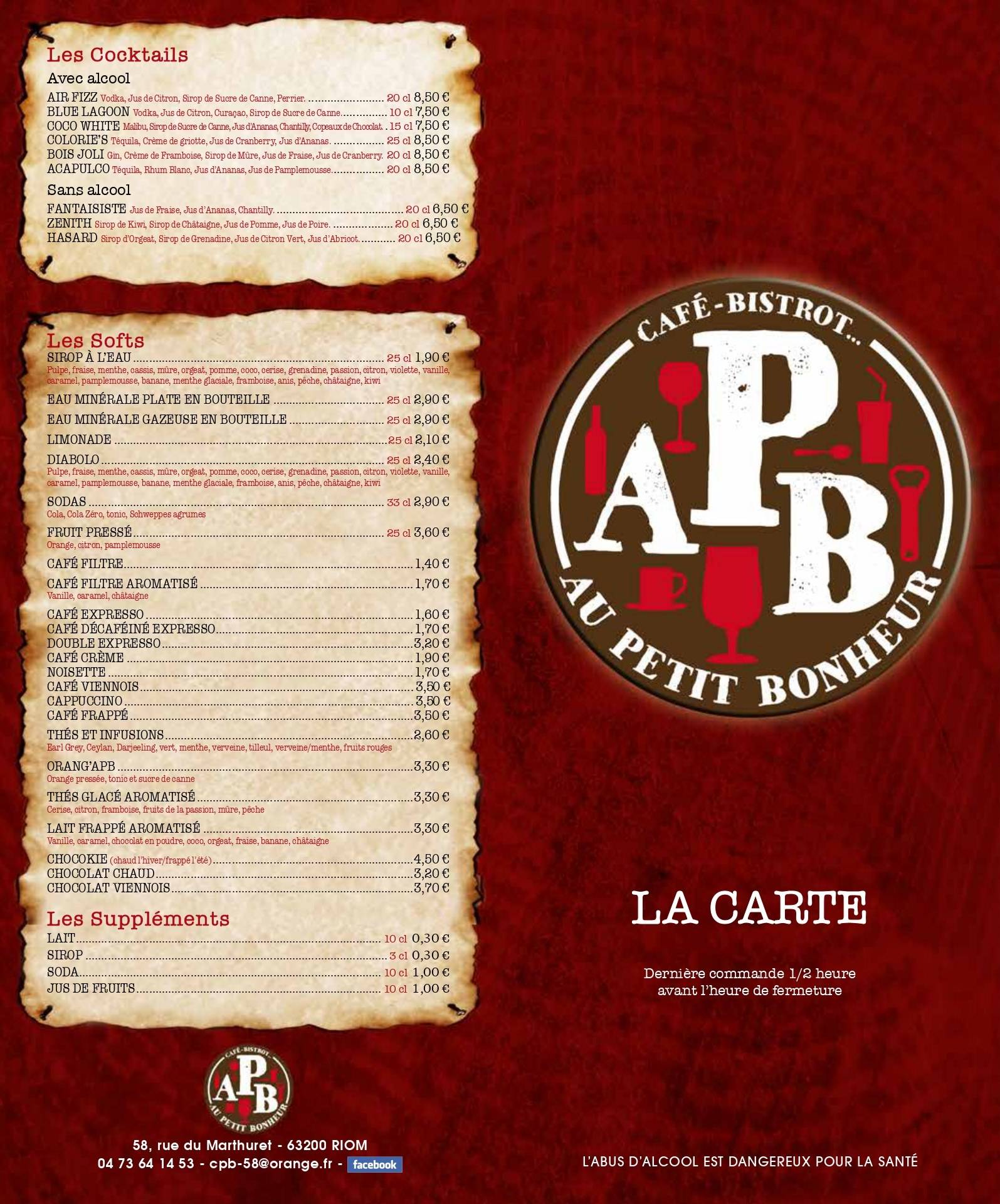 Menu de Au Petit Bonheur