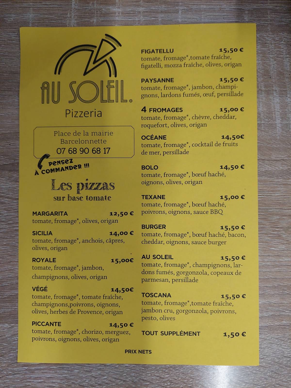 Menu de Au soleil