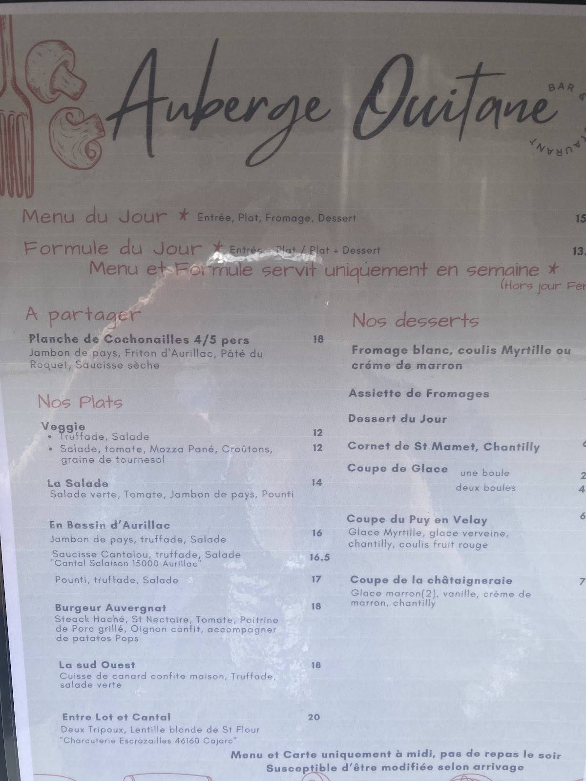 Menu de Auberge occitane sarl Bouniol gales canis