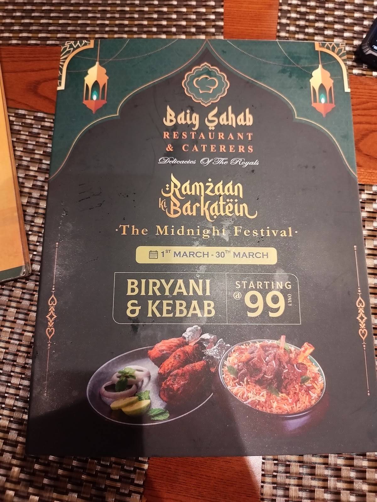 BAIG SAHAB RESTAURANT & CATERERS menu