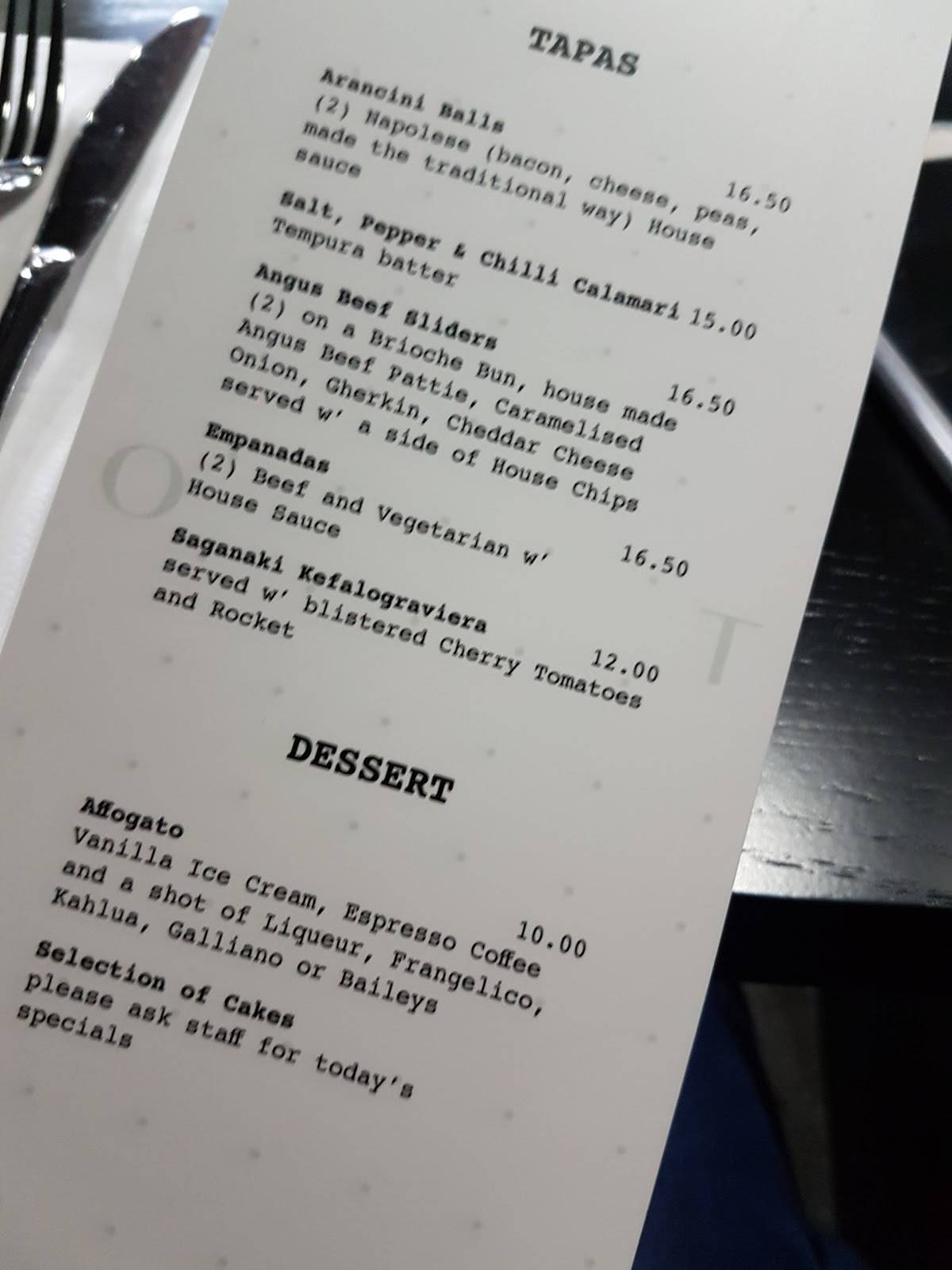 Menu at BAR 129, North Adelaide, 129 Melbourne St