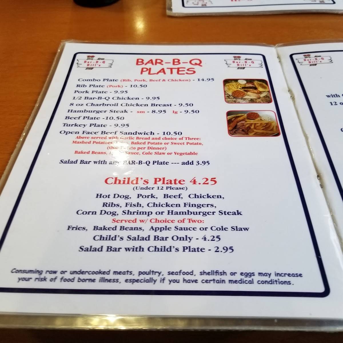 Menu at BarBQ Bill's, Chiefland