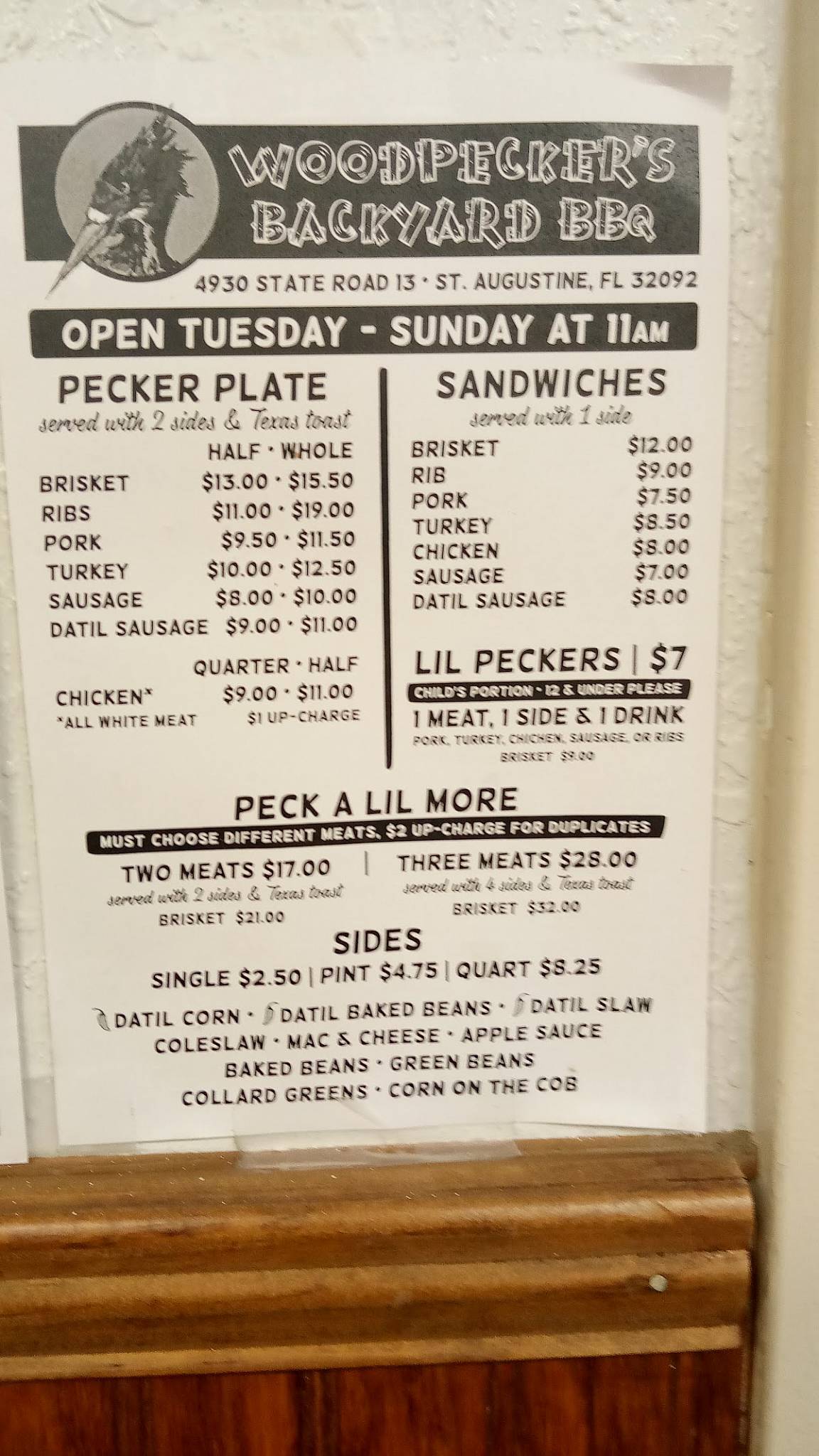 Menu at Woodpeckers Backyard BBQ, Jacksonville