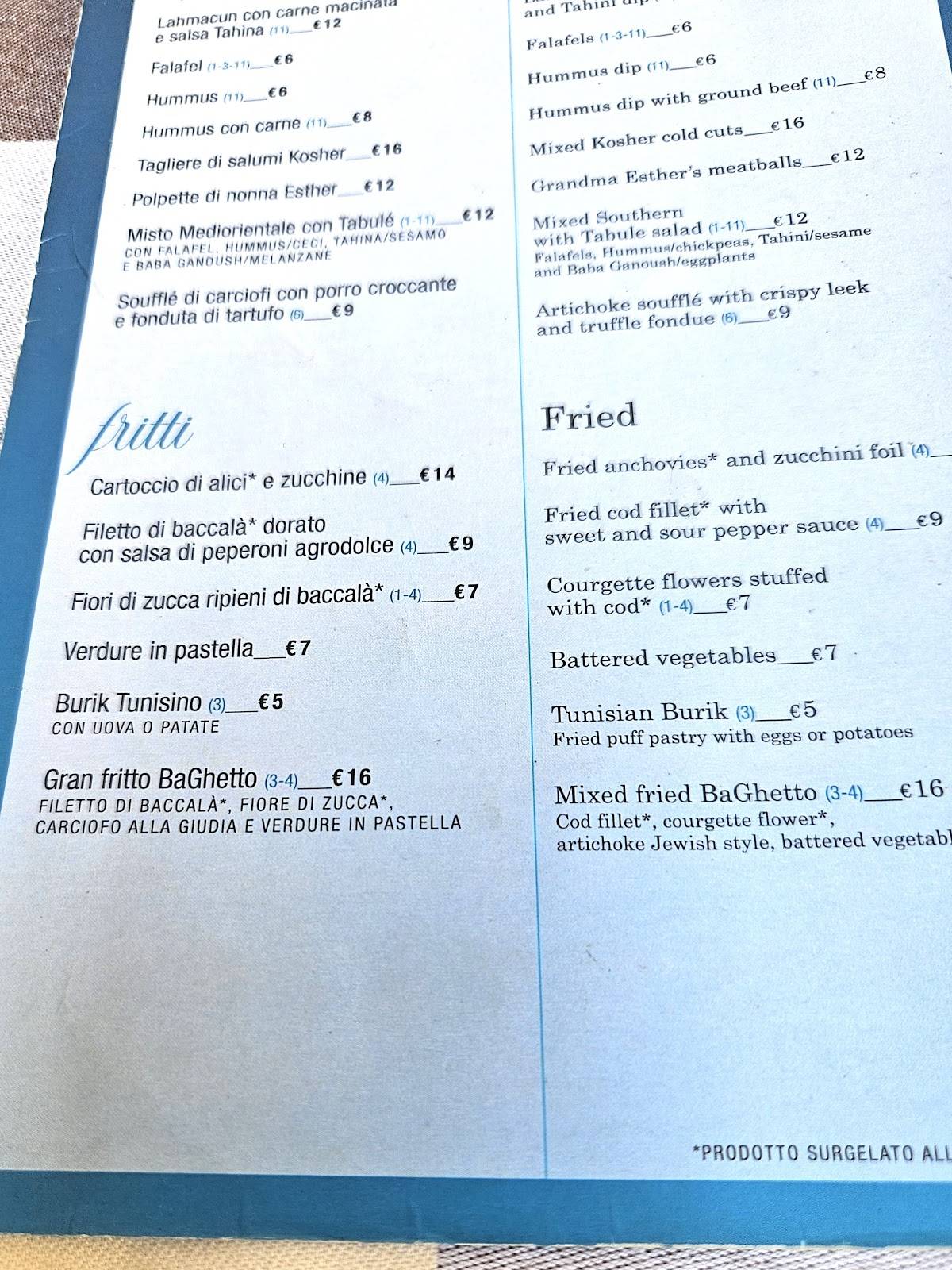 Menu di BaGhetto Ristorante Kosher-Portico d'Ottavia 