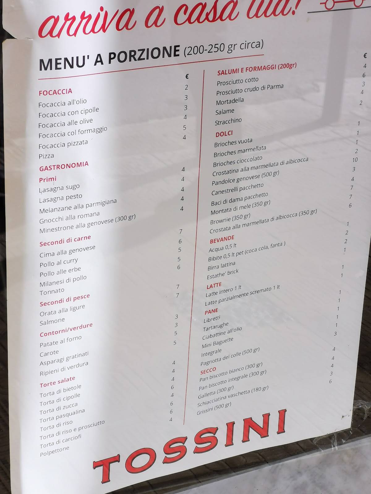 Menu di Panificio Tossini 