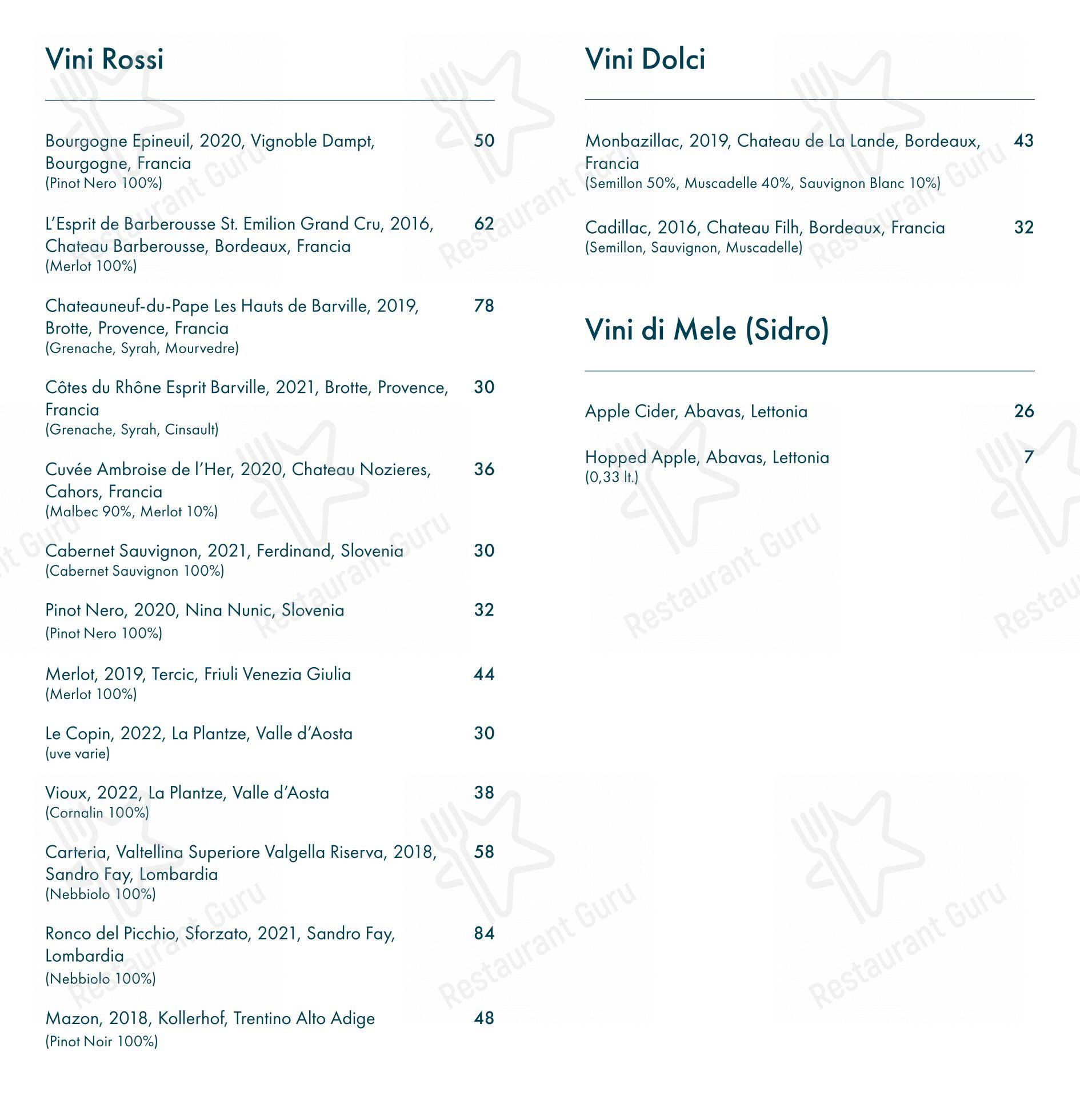 Baltic Bar in Milano - Menu bar