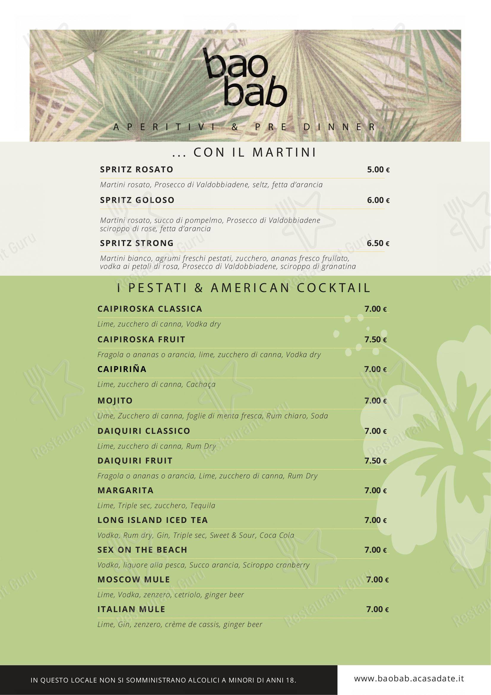 Menu di Baobab lounge cafè - pizzeria - business lunch - Menu