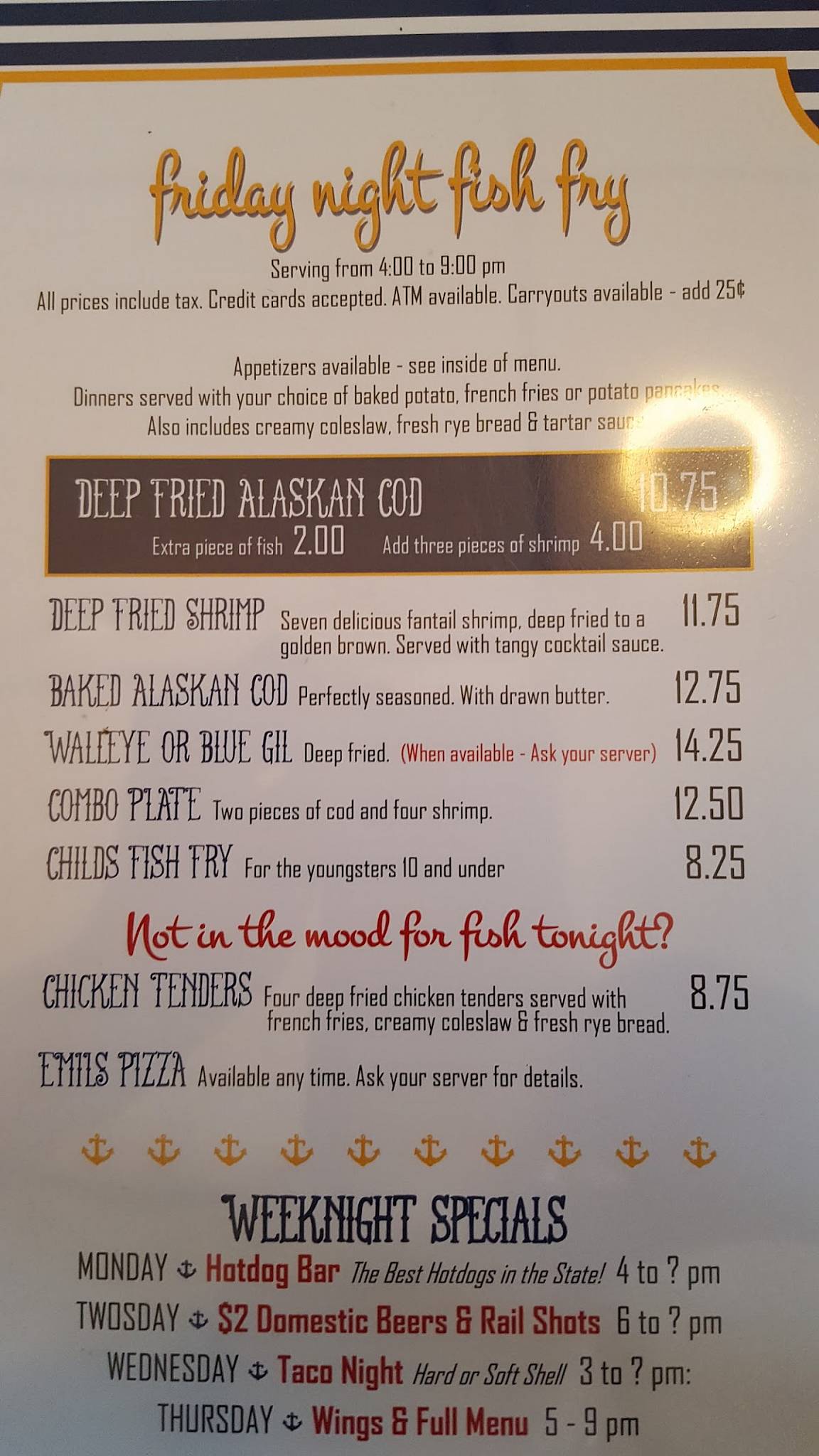Menu at Bark River Yacht Club, Dousman