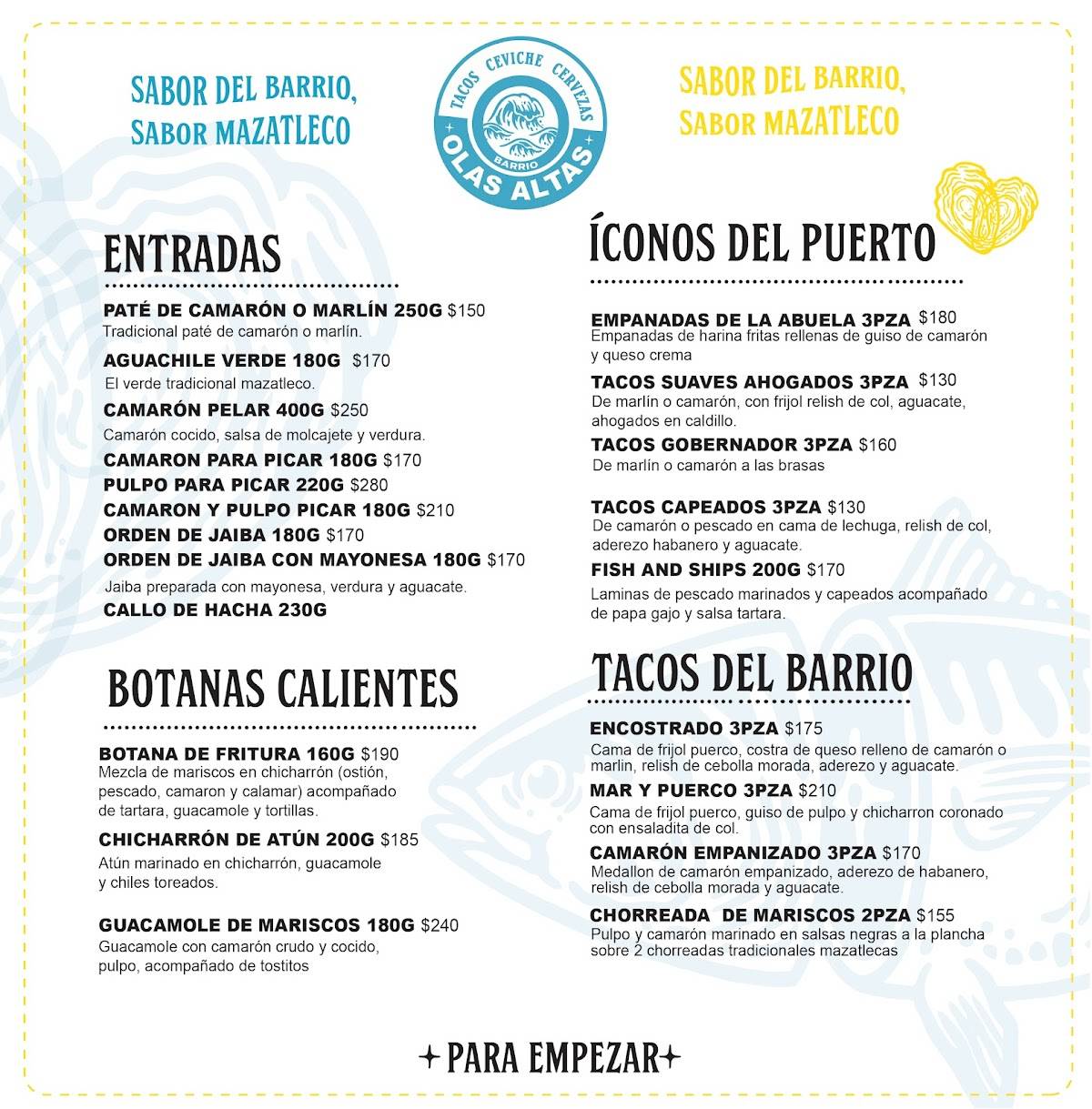 Menu at Barrio Olas Altas (Shrimp Bucket), Mazatlán