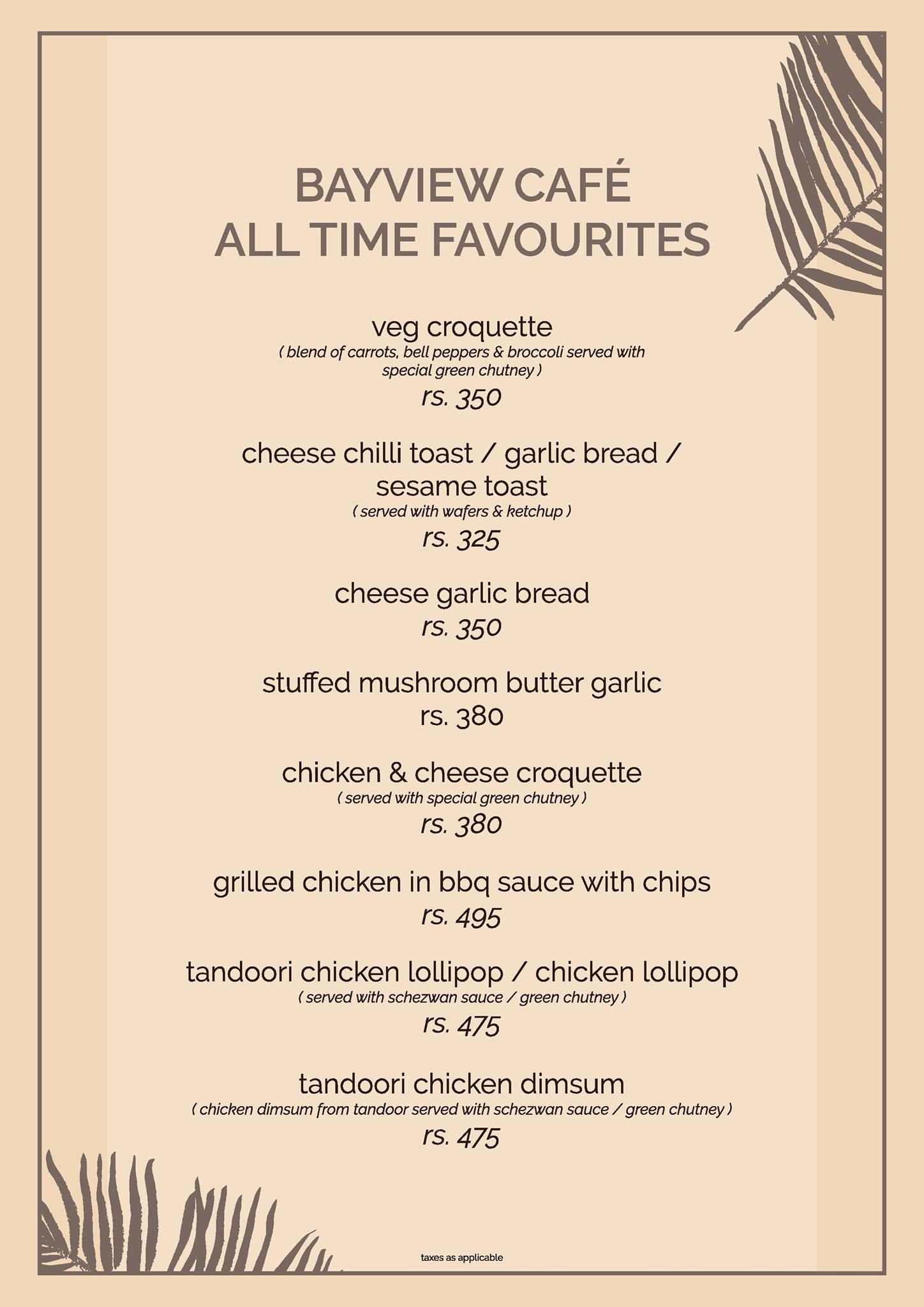 Bayview Cafe menu