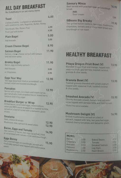 Menu at Beans cafe, Cannon Hill