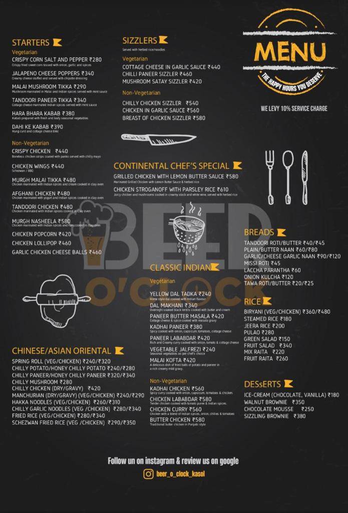 Beer o' clock cafe and bar menu