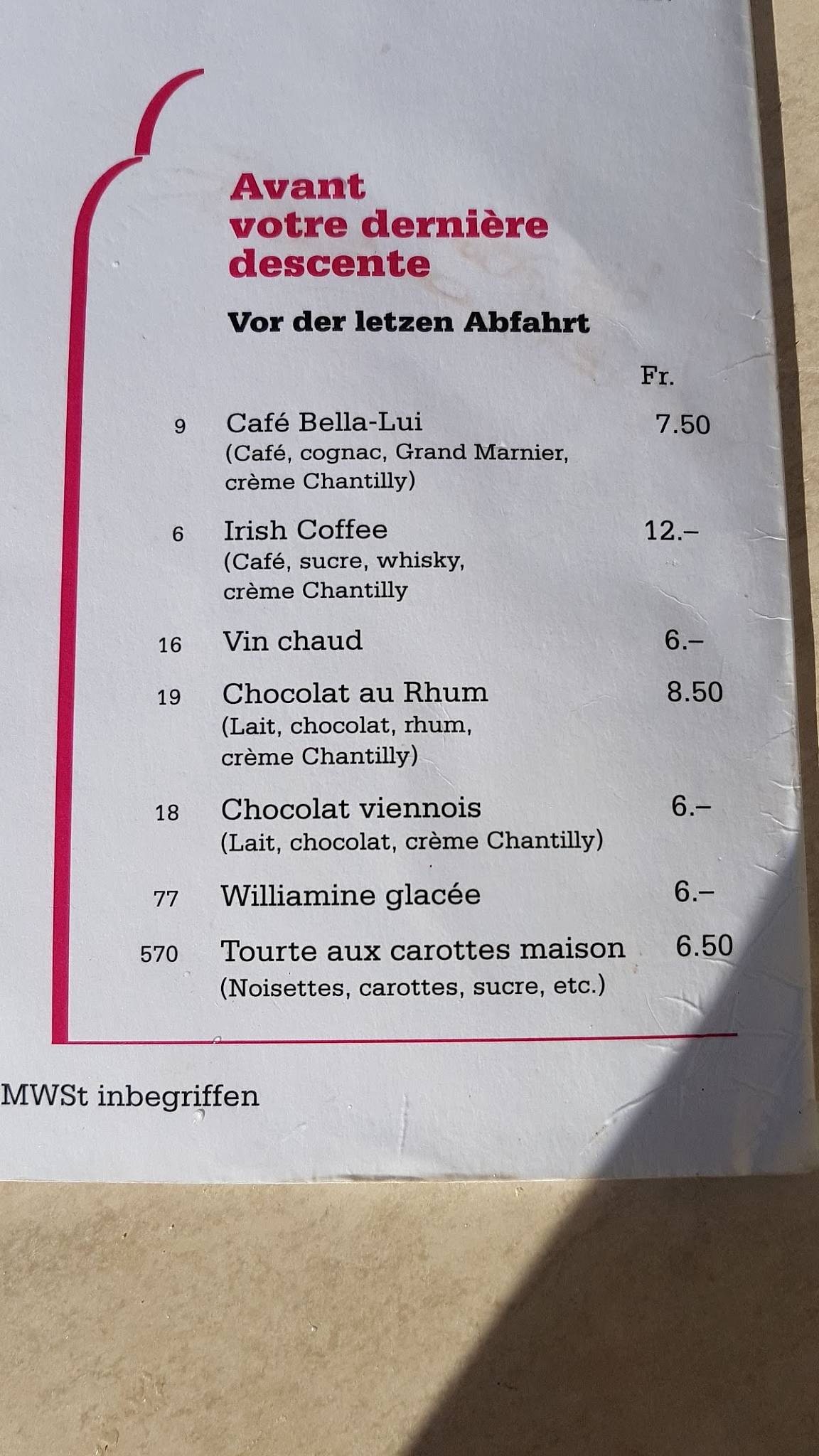 Menu di Restaurant Bella Lui 