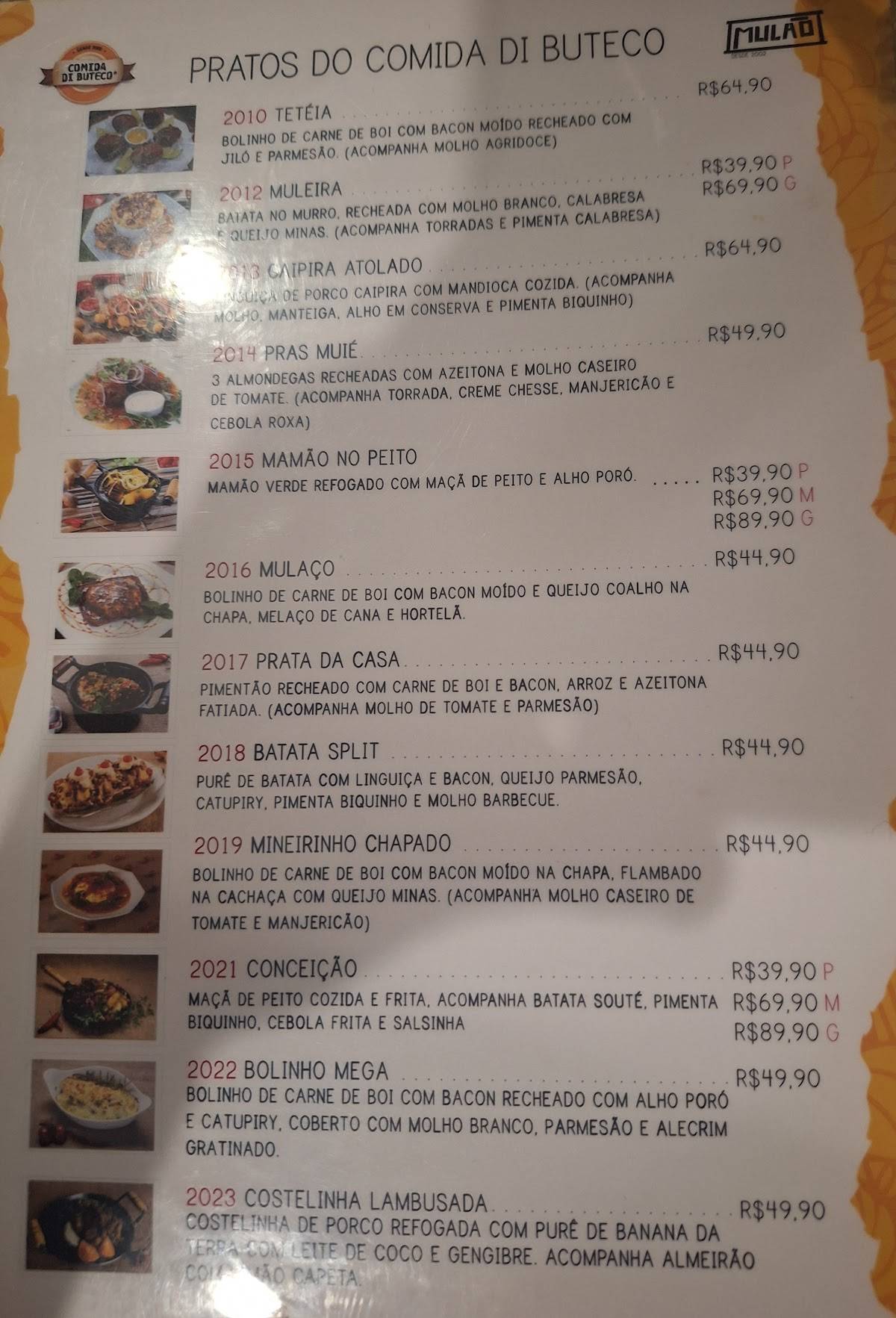 Mulão cardápio