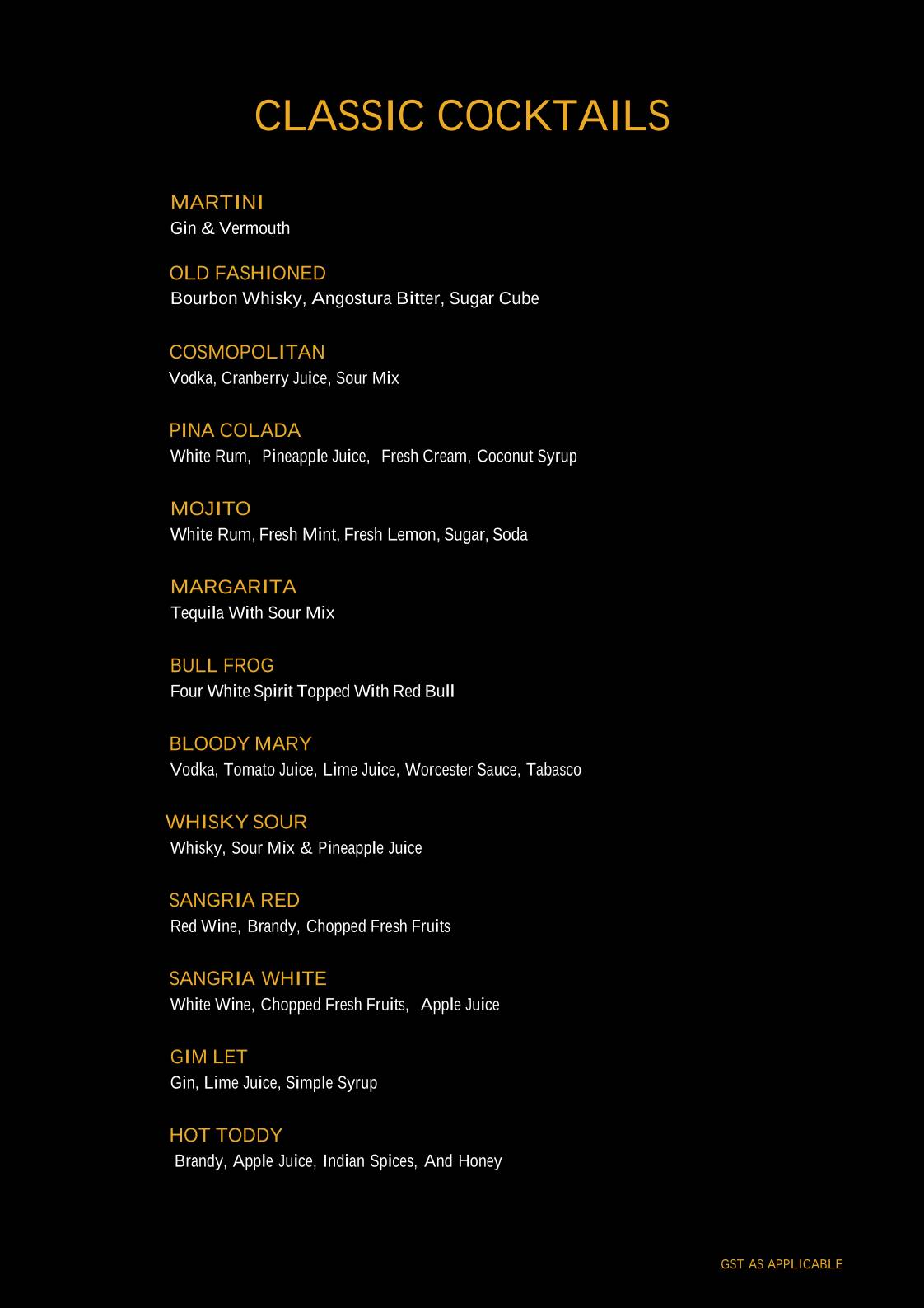 Marigold Restaurant Bar & Pub menu