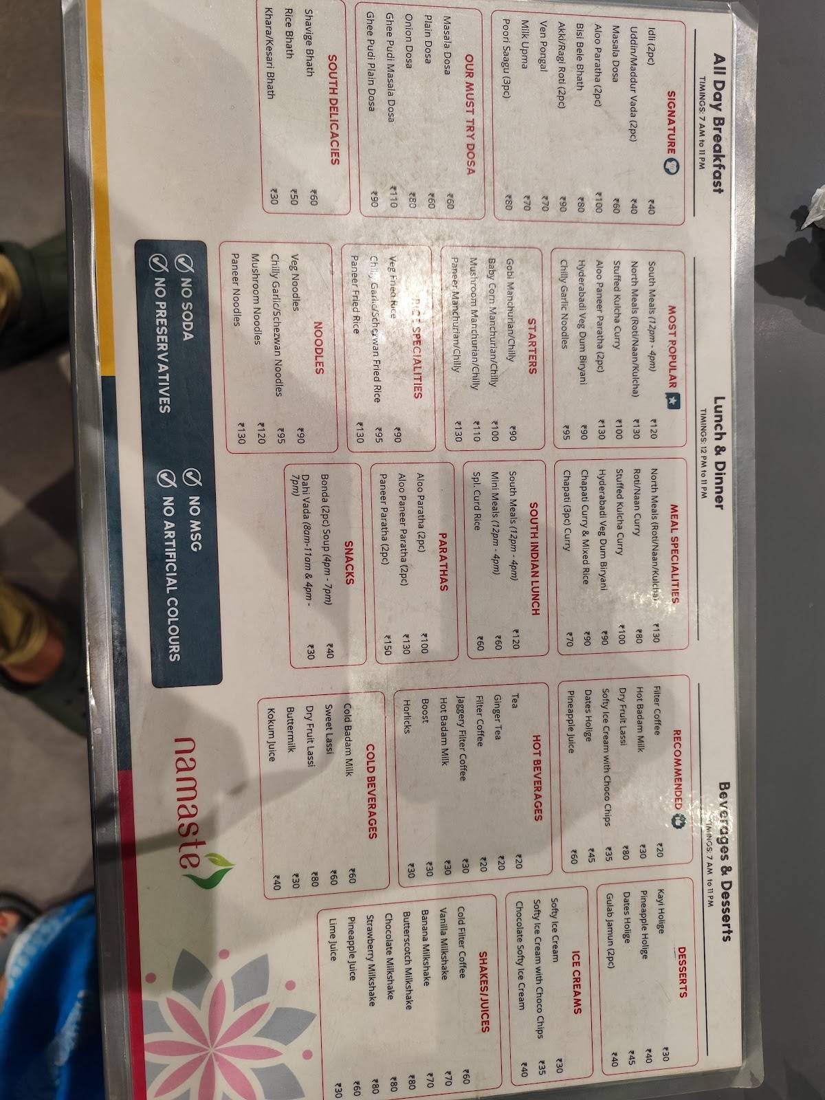 Namaste menu