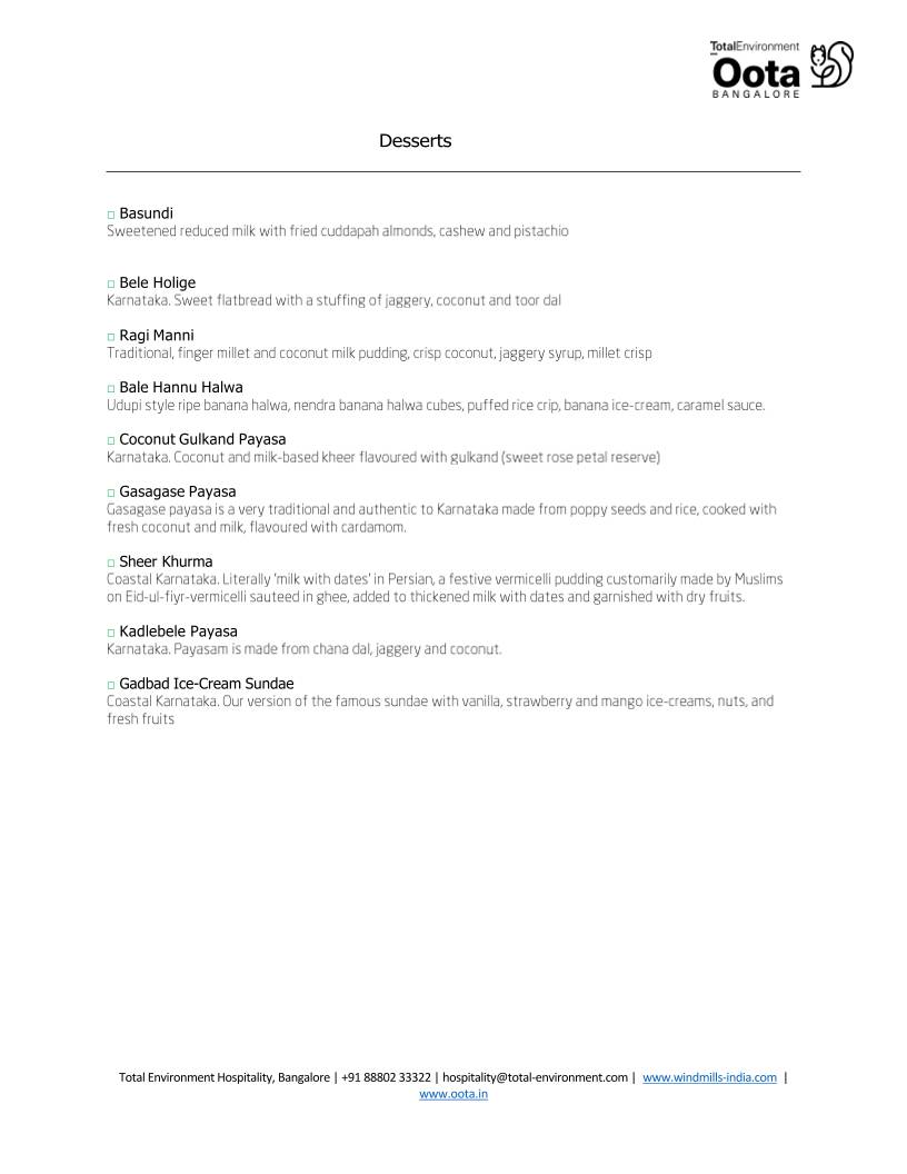 Oota Bangalore menu