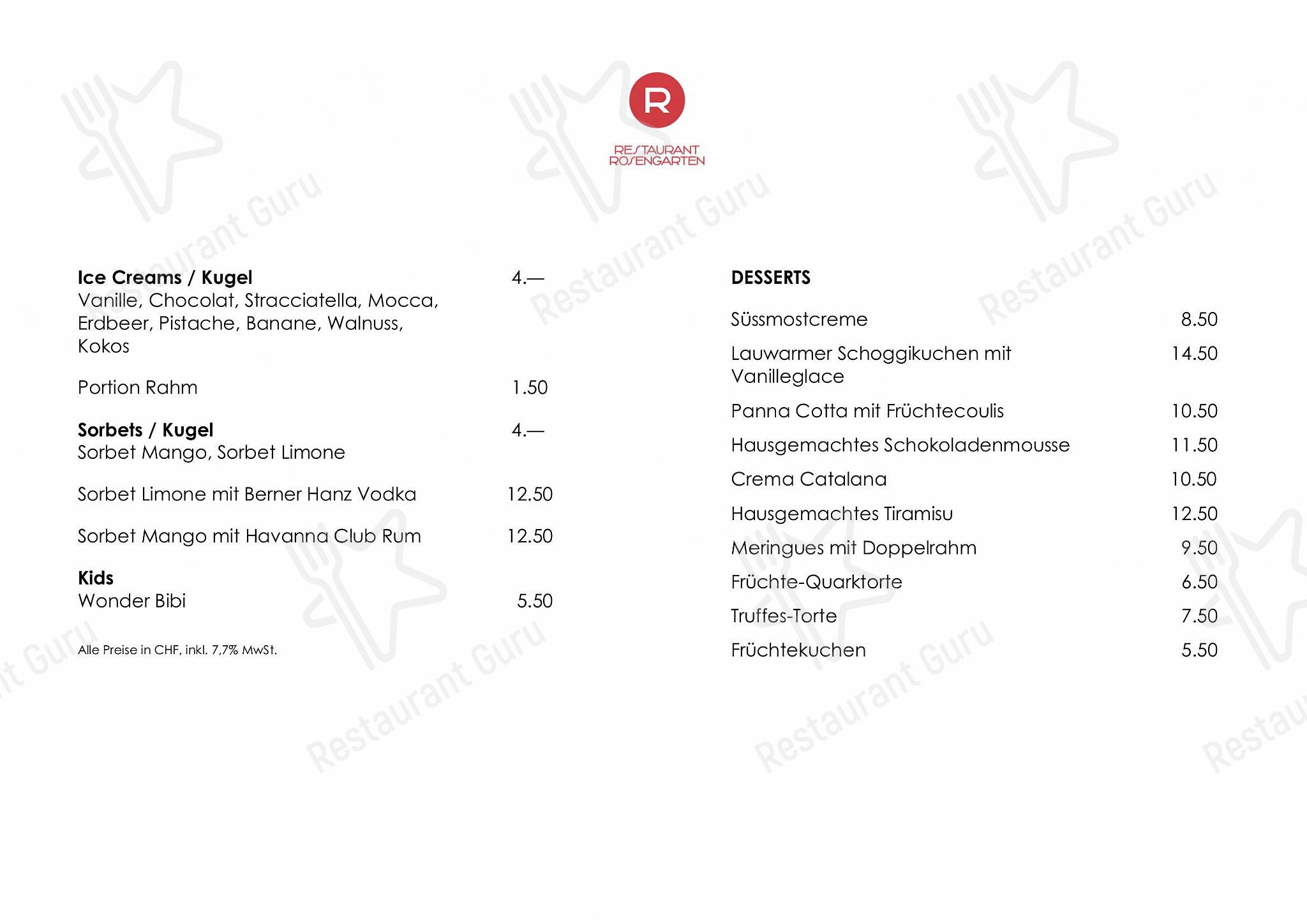 OUR MENU pour Restaurant Rosengarten dans Berne