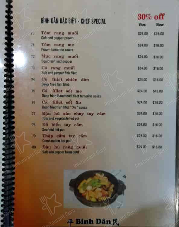 Binh Dan menu