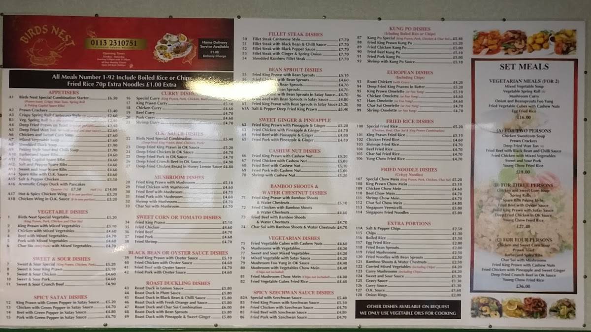 Menu at Birds Nest Chinese Takeaway fast food, Leeds, 39 Whingate