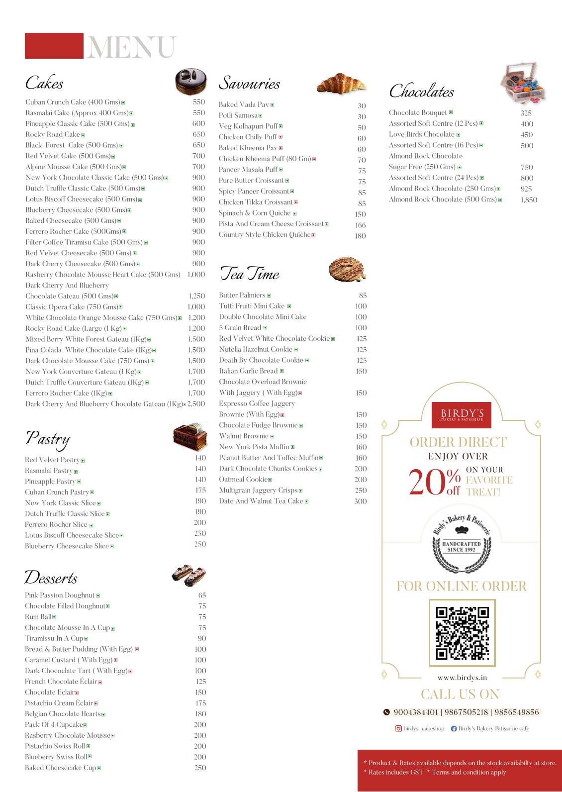 Birdy's Bakery & Patisserie menu