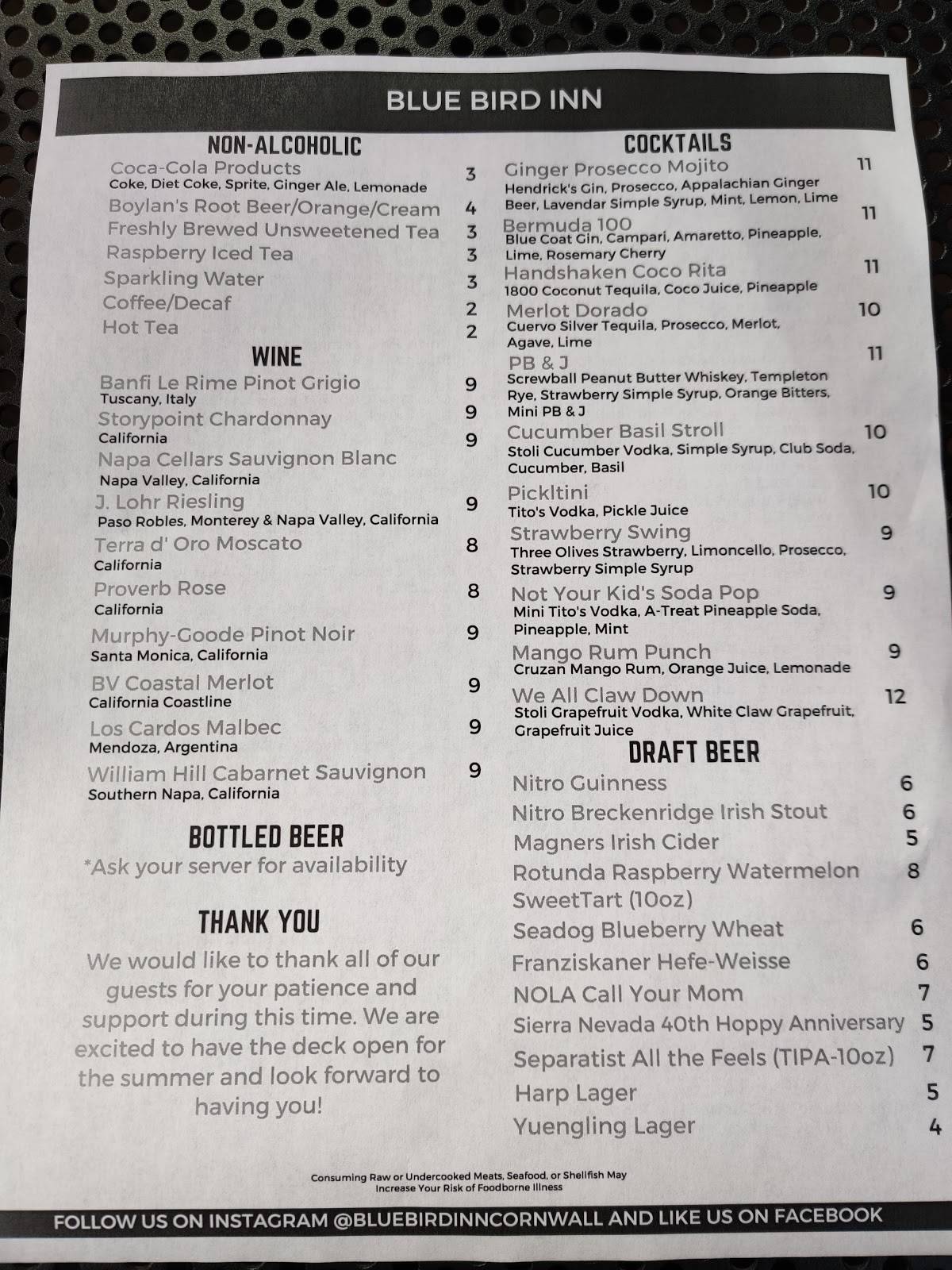 Menu at Blue Bird Inn restaurant, Lebanon