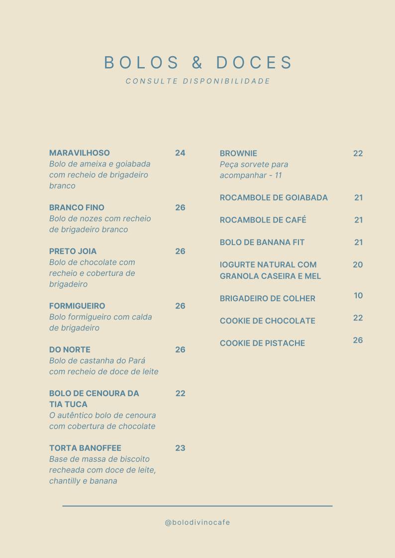Bolo Divino Café cardápio