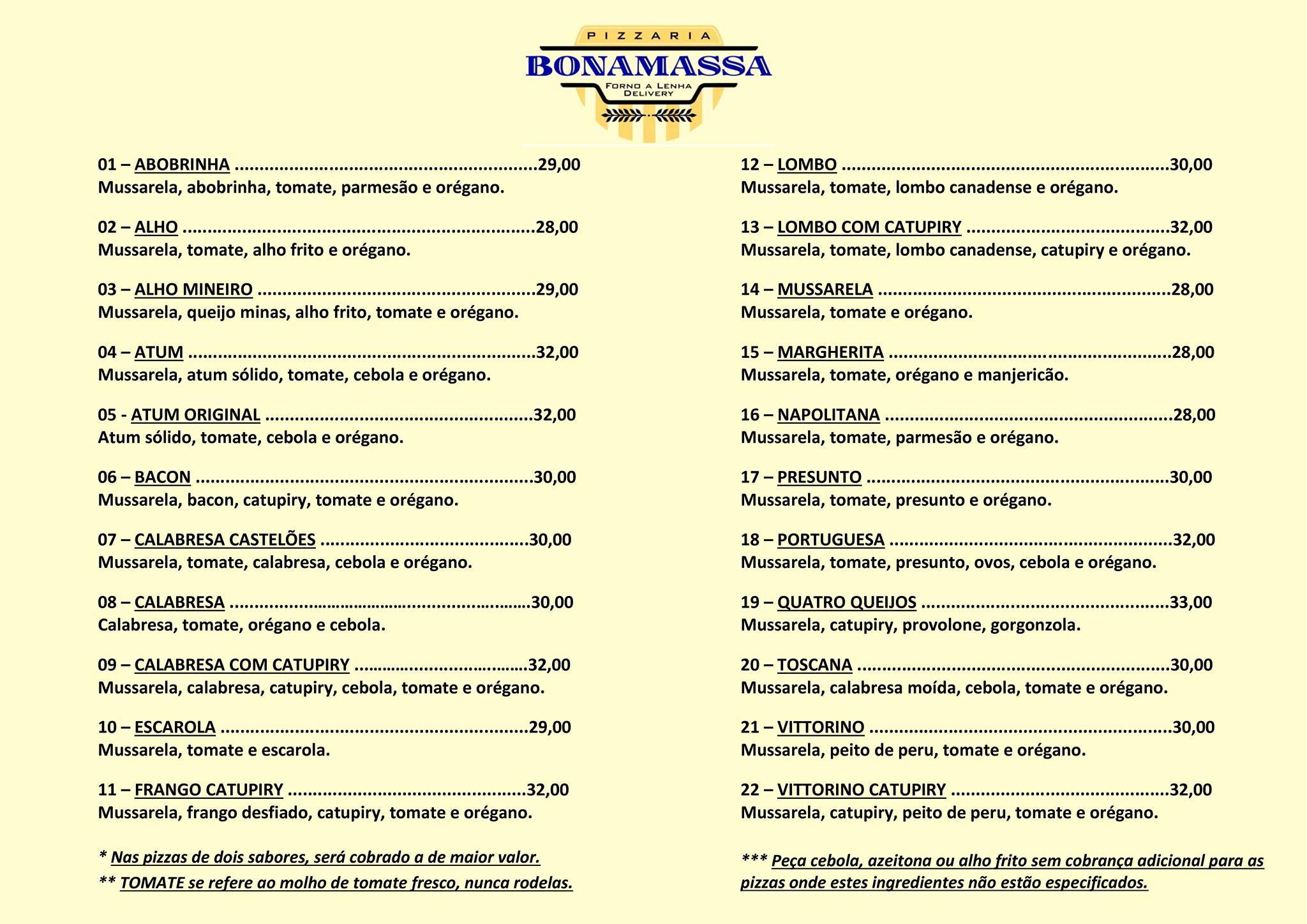 Bonamassa Pizzaria Bauru SP cardápio