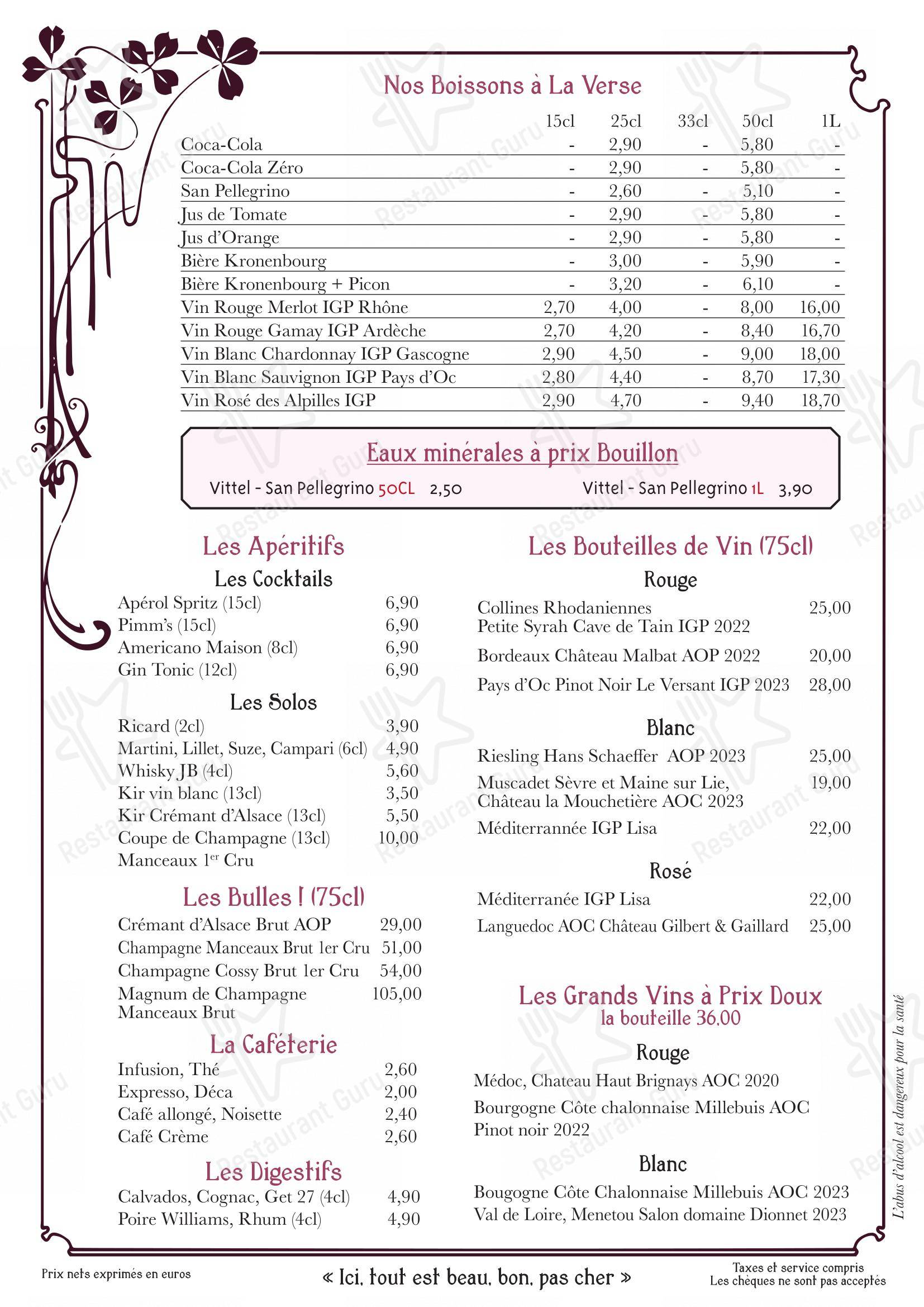 Menu pour Bouillon Julien dans Paris