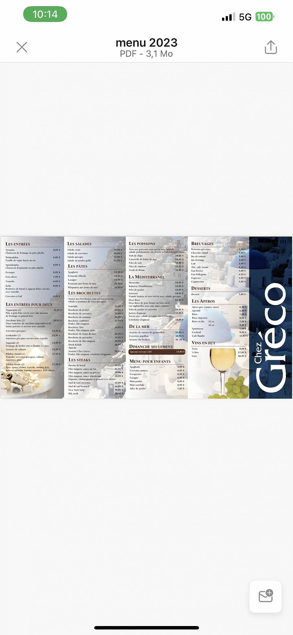Menu de Brochetterie Chez Greco
