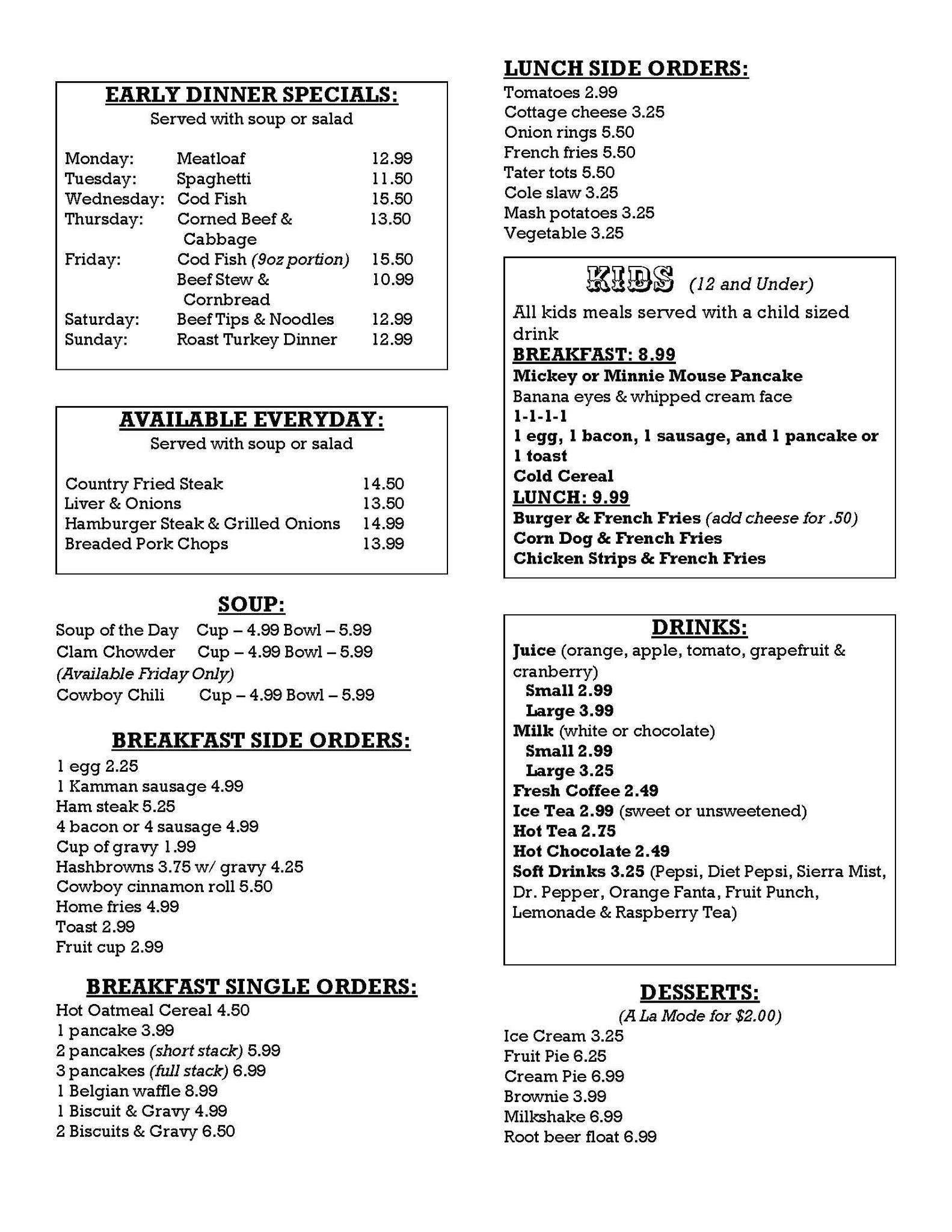 Menu at Brownie's Restaurant, Yuma