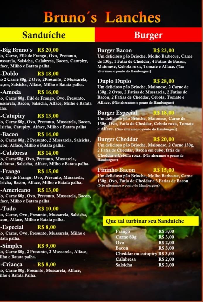 Bruno's LANCHES cardápio