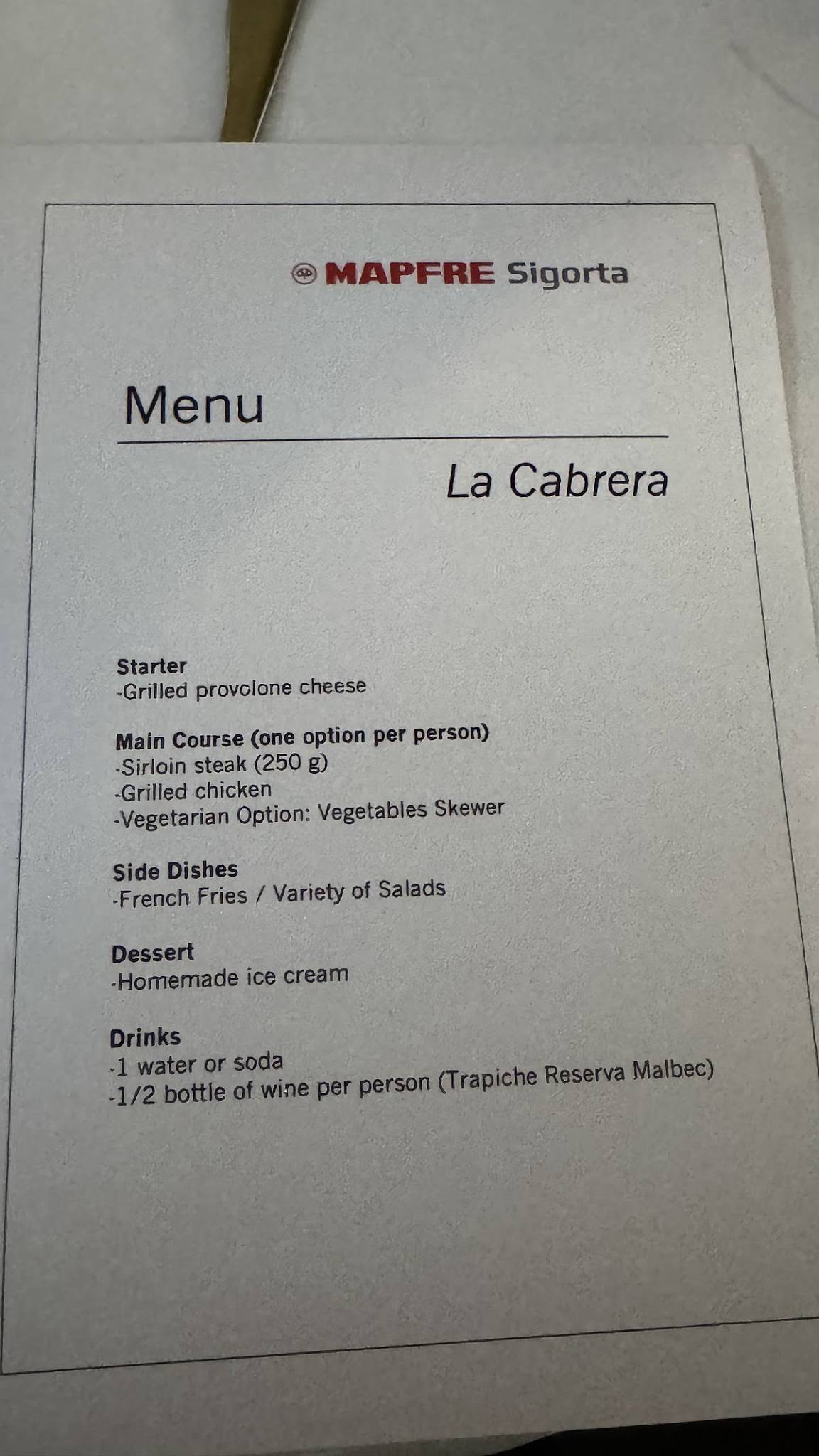 Menu at La Cabrera steakhouse, Buenos Aires, José A. Cabrera 5127