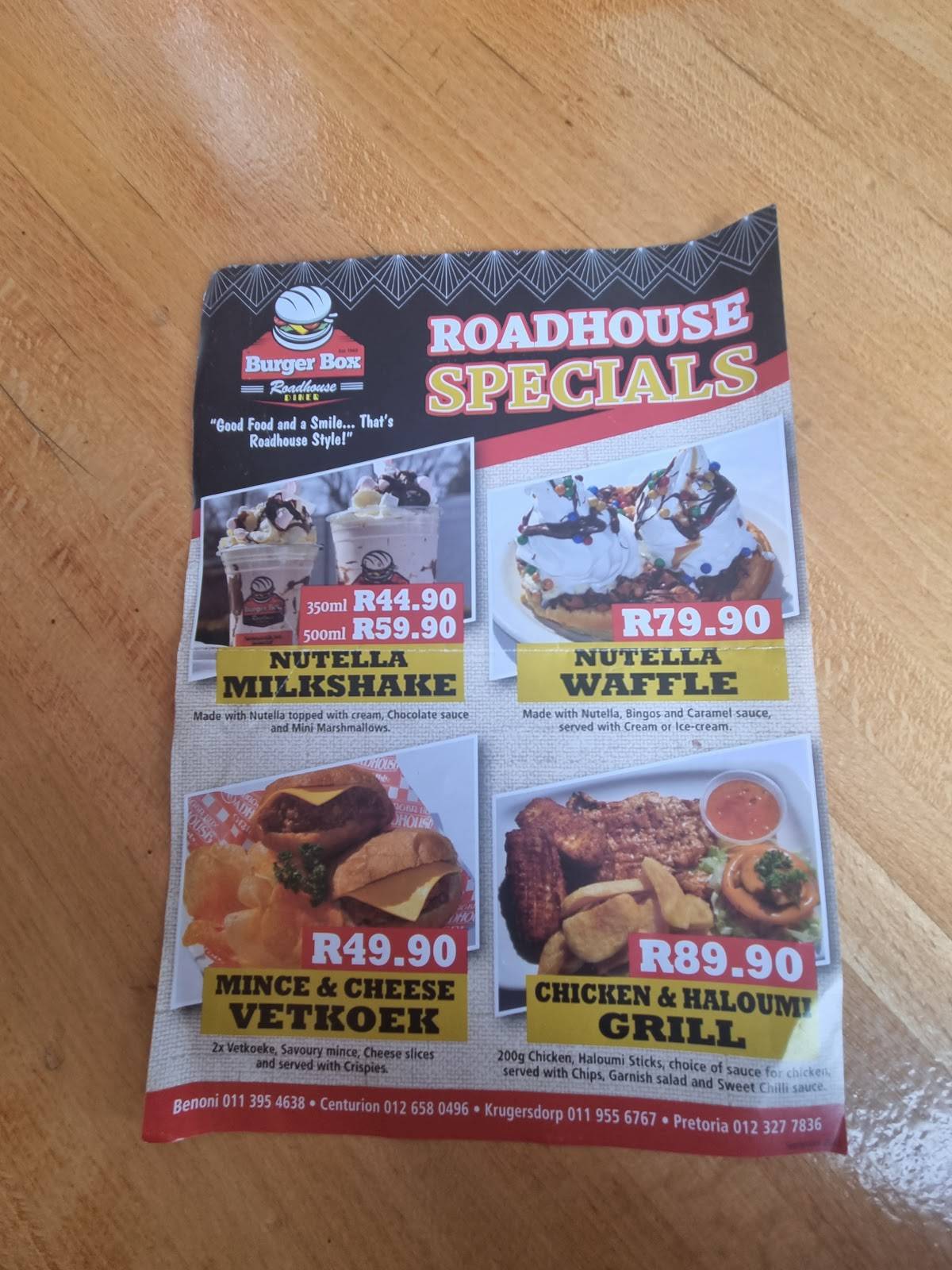 Menu at Burger Box Roadhouse restaurant, Krugersdorp, Gauteng