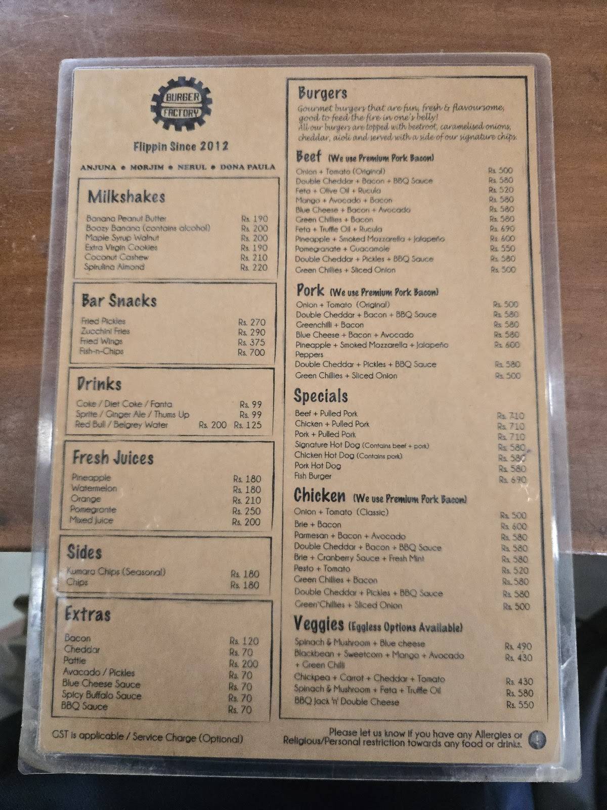 Burger Factory menu