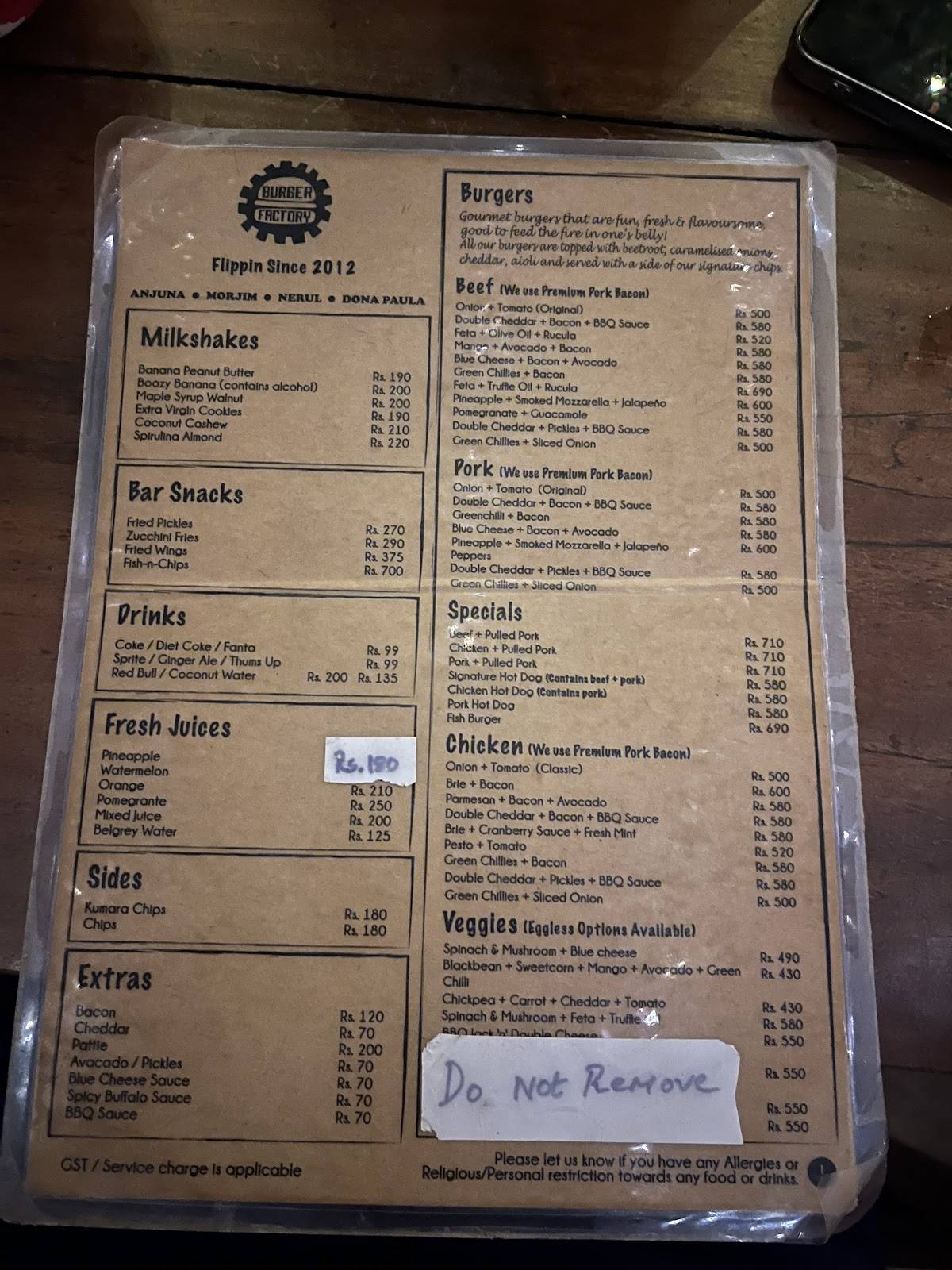 Burger Factory menu