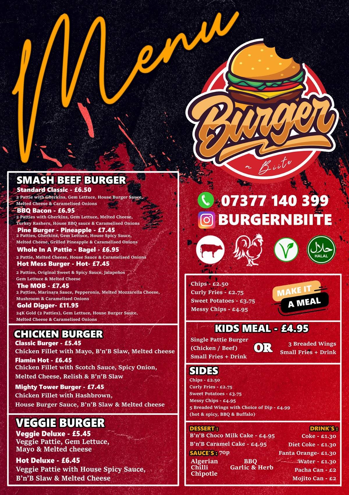 Menu at BurgerNBiite Canary Wharf restaurant, London
