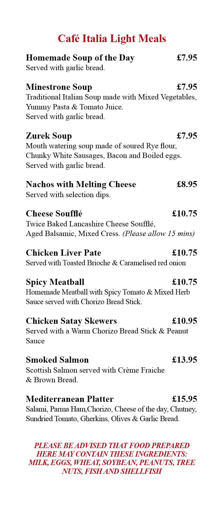 Menu at Cafe Italia, Windermere