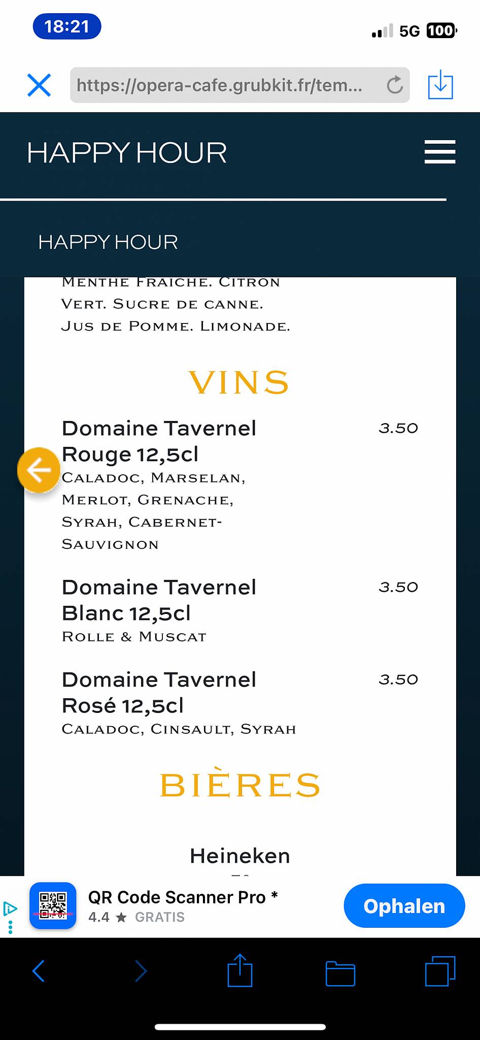 Menu de Restaurant L'Opéra Café