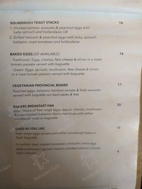 Menu at Pottery Green Bakers Turramurra cafe, Turramurra