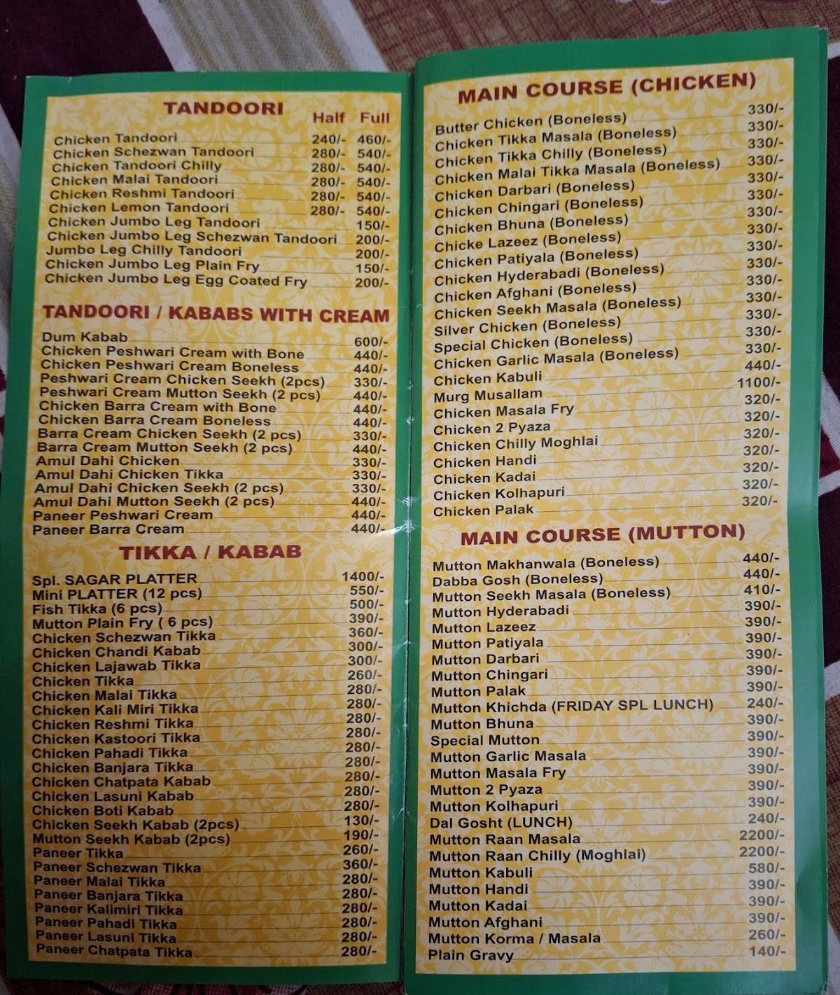 Cafe Sagar menu